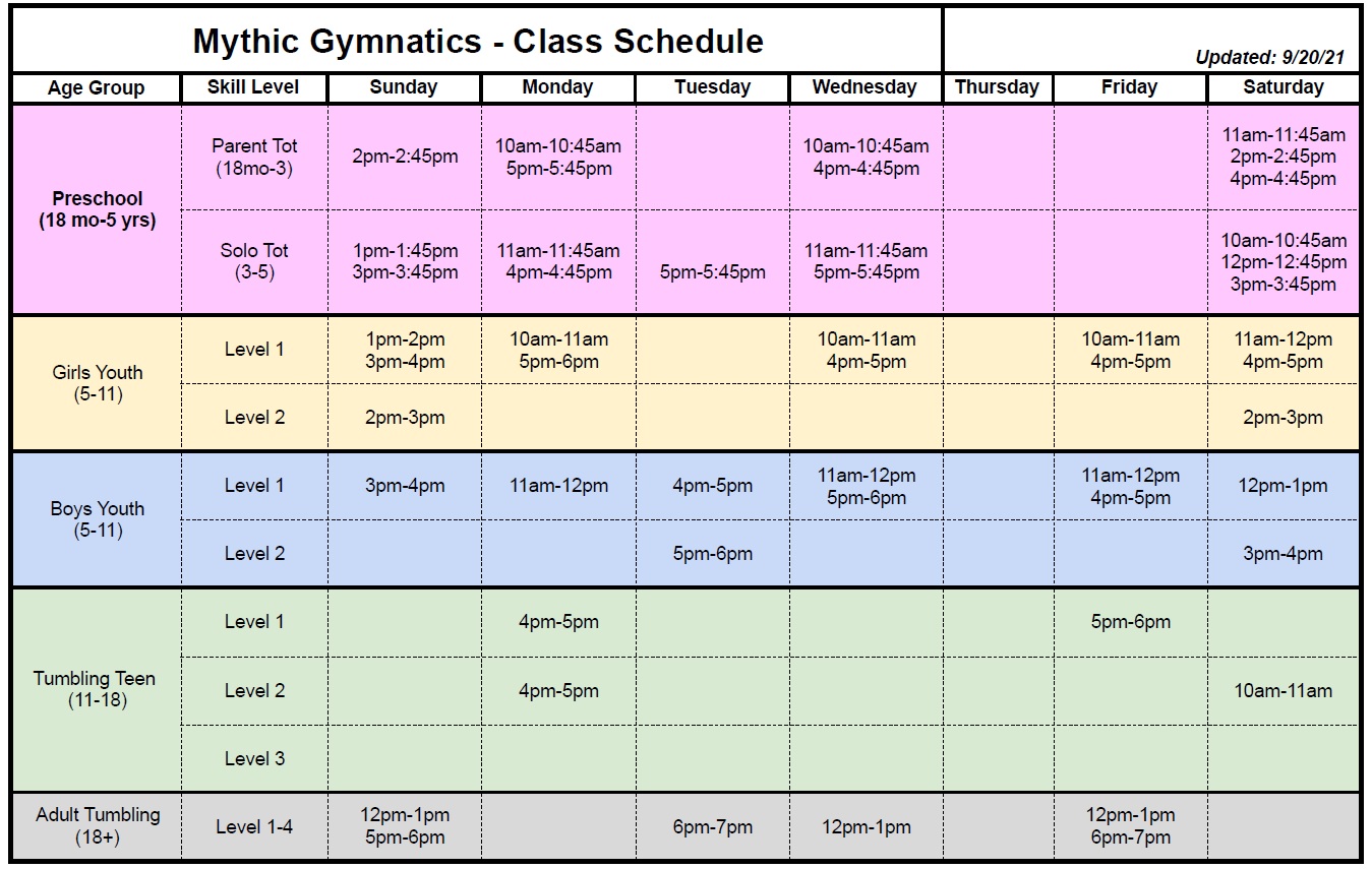 Mythic Gymnastics Class Schedule 9-21-21 Class Schedule
