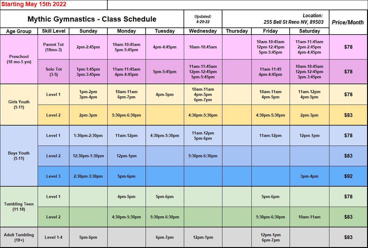 Mythic Class Schedule 5-15-22