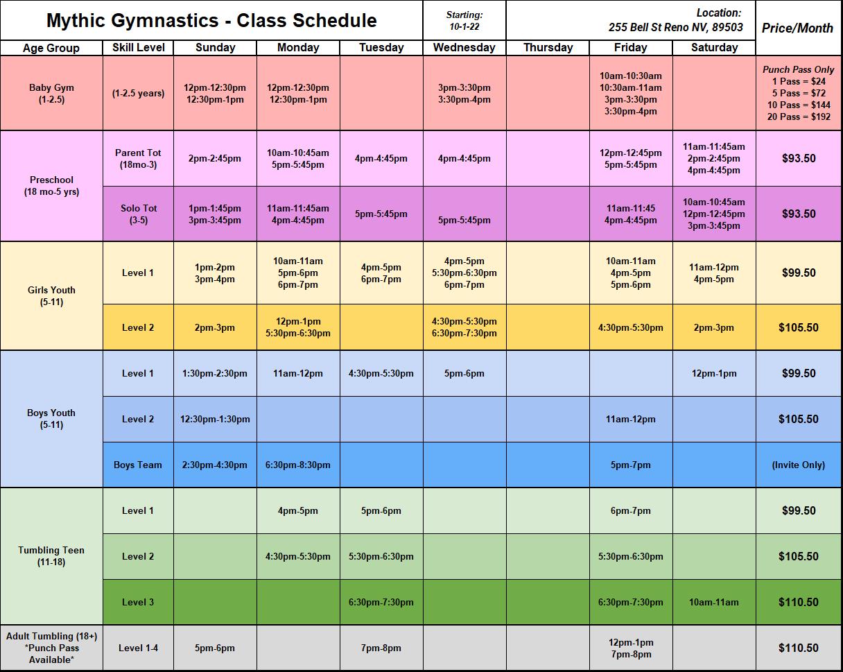 Mythic Class Schedule 10-1-22 Class Schedule